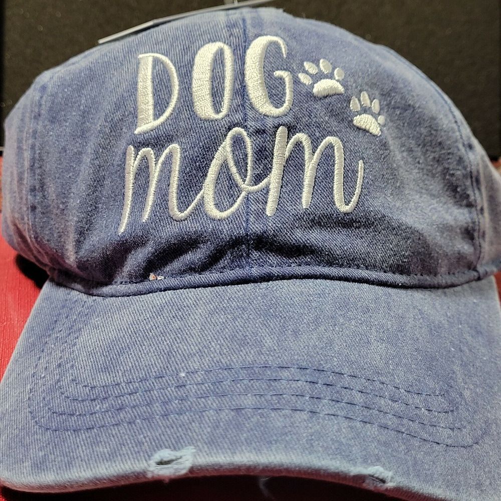 NEW Women's Embroidered "Dog Mom"‎ Baseball Cap Blue Adjustable Distressed